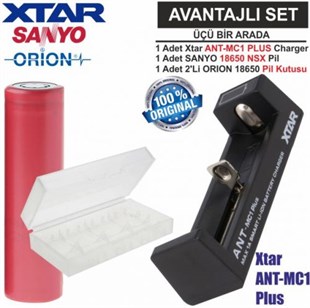 Xtar ANT-MC1 Plus Şarj Aleti, Sanyo UR18650BF Li-ion Pil, ORION 18650 Pil taşıma kutusu / 3'Lü SET