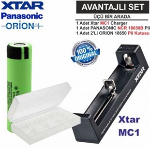 Xtar MC1 Şarj Aleti, Panasonic NCR18650B Li-ion Pil, ORION 18650 Pil taşıma kutusu / 3'Lü SET