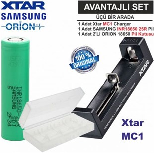 Xtar MC1 Şarj Aleti, Samsung INR18650-25R Li-ion Pil, ORION 18650 Pil taşıma kutusu 3'Lü SET