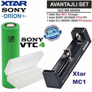 Xtar MC1 Şarj Aleti, Sony VTC4 Li-ion Pil, ORION 18650 Pil taşıma kutusu 3'Lü SET