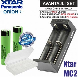 Xtar MC2 Şarj Aleti, Panasonic NCR18650B Li-ion Pil, ORION 18650 Pil taşıma kutusu / 4'Lü SET