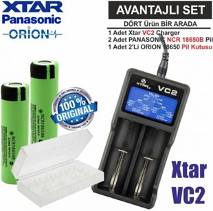 Xtar VC2 Şarj Aleti, Panasonic NCR18650B Li-ion Pil, ORION 18650 Pil taşıma kutusu / 4'Lü SET